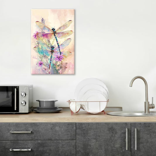 Dragonfly Bathroom Pictures Wall Art, Floral Bathroom Wall Decor, Framed Painting Canvas Artwork for Bedroom Living Room Decorations 24"L x 16"W