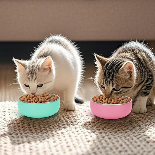 Non-Slip Stainless Steel Cat Bowls, 2 Pack Cat Dishes for Food and Water with Detachable Colorful Silicone Anti-Slip Bottom, 5 '' Wide Thick & Heavy Duty Metal Pet Bowls for Kitten, Cats and Puppy