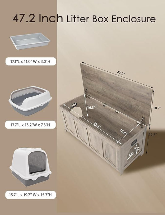 DINZI LVJ Cat Litter Box Enclosure, Flip Top Litter Box Furniture, Hidden Cat Washroom, 2-Entrances Wooden Pet House, 47.2" L x 18.7" W x 19.7" H, End Side Table, TV Stand, Easy to Assemble, Greige