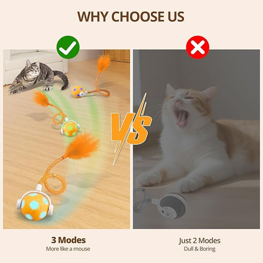 Cat Toy Ball,Interactive Cat Toy Ball with 3 Modes for Indoor Cat,The 2025 Generation Self Moving Cats Toy,Rolling Cats Toy with Feather & Bells for Bored Cats & Small dogs,Touch to Activate (Orange)