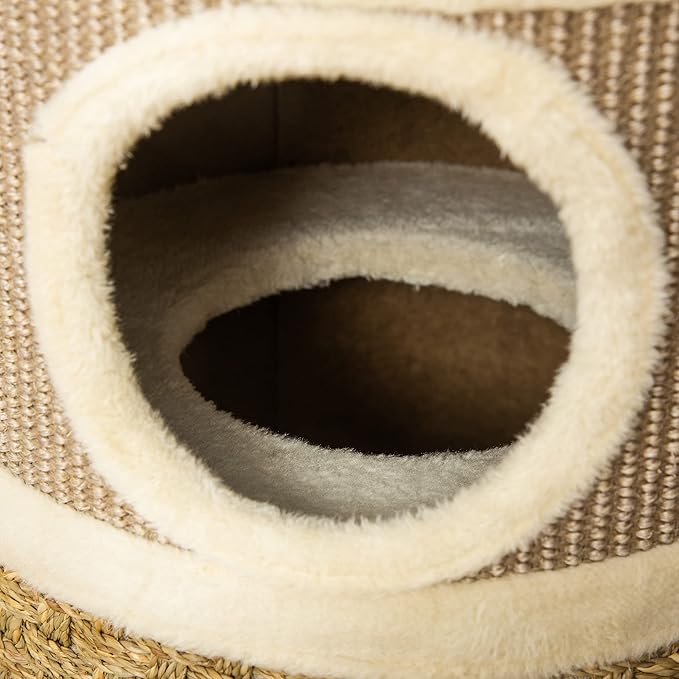 PawHut 28 Inch Cat Condo, 3 Story Cat Hideaway with Sisal Scratching Pad, Barrel Shaped Small Cat Tree for Indoor Cats, Khaki and Brown