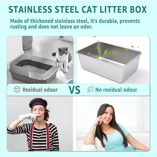 Stainless Steel Litter Box,Metal Litter Box for Big Cats 8IN Deep, Cat Litterbox 2 Pack Easy to Clean-High Sided,Stainless Steel CatLitters Box for Adult Cats,Non Stick, No Smell