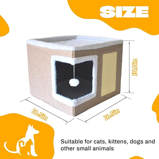 Cat Bed for Indoor Cats Cube House,Large Covered Cat Beds Cave & Furniture with Fluffy Ball and Scratch Pad Foldable Hideaway Nest & Condo with Washable Mat for Kitten Kitty Small Pet(Beige)