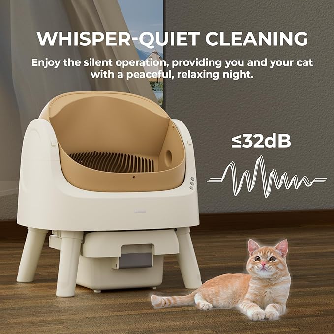 Automatic Litter Box, Self Cleaning Litter Box with Open Top Design, Integrated Safety Protection, Included Mat and Liner, Brown