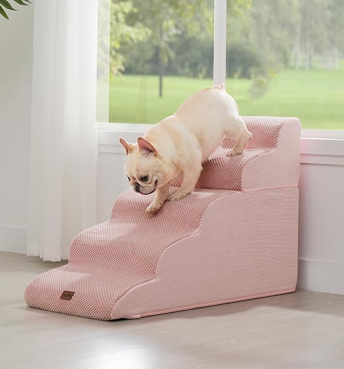 Made4Pets Dog Stairs Ramp for High Bed, 5-Step Pet Stairs for Bed Couch Sofa Climbing, 35D Foam Pet Steps for Small Dogs and Cats, Non-Slip Bottom Dog Steps, Pink