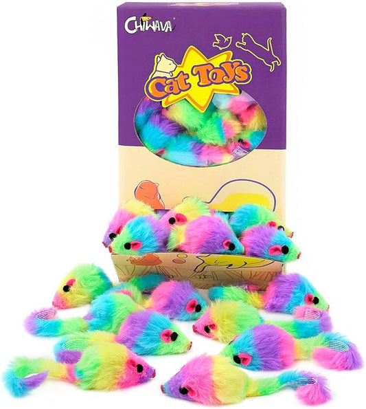 CHIWAVA 36PCS 1.8" Rainbow Color Furry Cat Toy Mice with Rattle Kitten Mouse Interactive Play