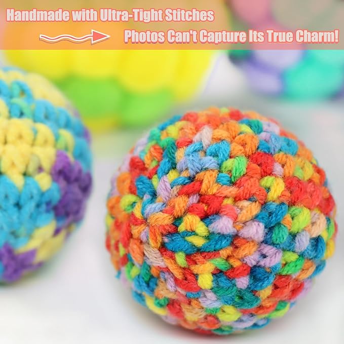 6 Pack Cat Toys Balls - 3 Jingle Bell Ball & 3 Soft Pom Pom Balls, Interactive Kitten Toys for Hunting/Kicking, Handmade, Small 1.8” & Large 2.1” for Adult Cats/Kittens