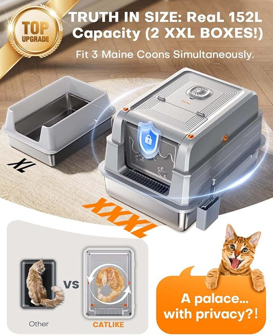 CATLIKE® 2025 Upgrade 152L XXXL Stainless Steel Cat Litter Box - 3-Layer Urine Leak-Proof, Enclosed Design w/Charcoal Filter for Maine Coon & Multi-Cat Homes, Includes Metal Scoop & Mat