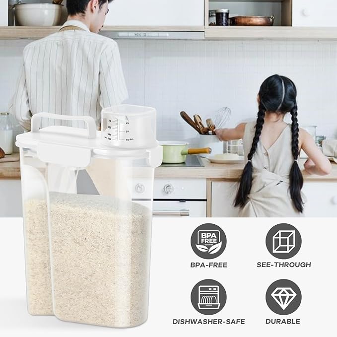 Dog Cat Food Storage Container, 5-7 Lbs Airtight Pet Food Storage Container with Easy-Pouring Spout and Portable Handle, Bird Seed Dispenser, Kitchen Organizer for Rice Cereal Flour -White