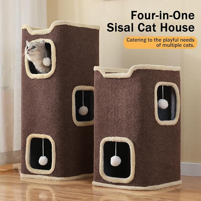 Cat House for Indoor Cats Beds, Multi-Level Cat Condo, Foldable Cave Bed Coffee, 2L