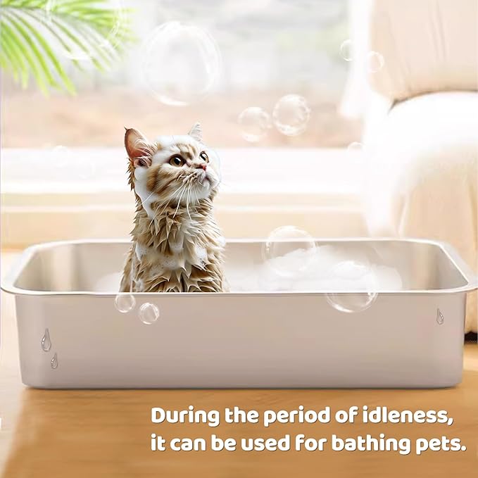 Stainless Steel Cat Litter Box - Kitty Litter Boxes-Metal High Sided Cat Pan, Indoor Litter Tray, No Smell, Easy to Clean, Pet Toilet Supplies for Kitten, Kitty, Rabbit
