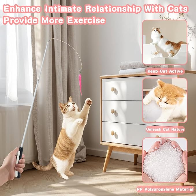 4-in-1 Interactive Cat Toy for Indoor Cats – Retractable Cat Wand, 2-Pole Suction Cup, Catnip Pillow, 14+ Accessories – Self-Play & Interactive Cat Feather Toys with Safe Durable Materials
