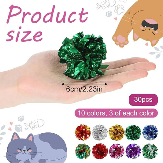 30 Pcs Cat Crinkle Balls Toy 2.36 Inch Interactive Crinkle Balls for Cats, Colorful Chew and Chase Training Activity Cat Toys for Indoor Kittens to Keep Fit Active