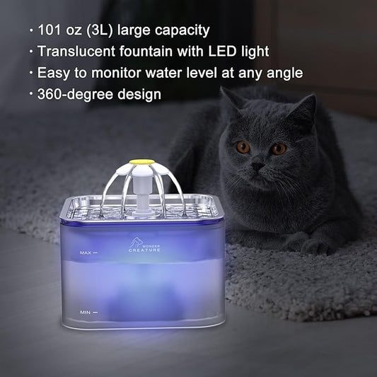 Crystal Cat Water Fountain Stainless Steel, 101oz/3L Pet Fountain with LED Light for Cats and Dogs (Grey)