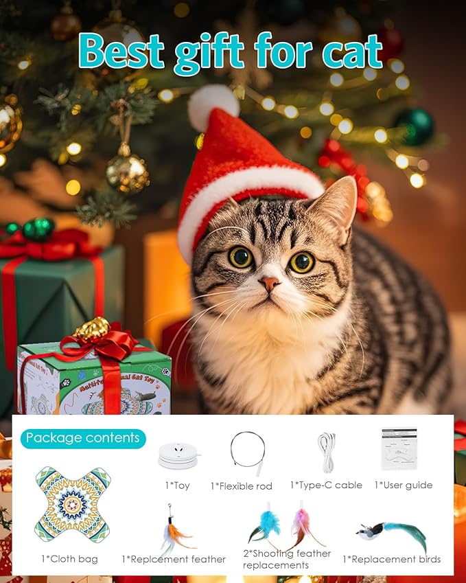 Interactive Cat Toy, Rechargeable Cat Toys for Indoor Cats, Automatic Cats Chasing Toy, Hide & Seek, 2 Modes, Self-Holding Suction Base, 3-in-1 Feather Toys with 1 Teaser Pole, 4 Replacements