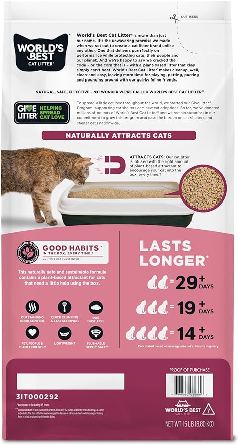 WORLD'S BEST CAT LITTER Good Habits Cat Attract Litter | Natural Plant-Based Attractant | Multicat Flushable Corn Litter | Unscented Odor Control | Low Tracking & Lightweight | Made in USA 15lb Bag