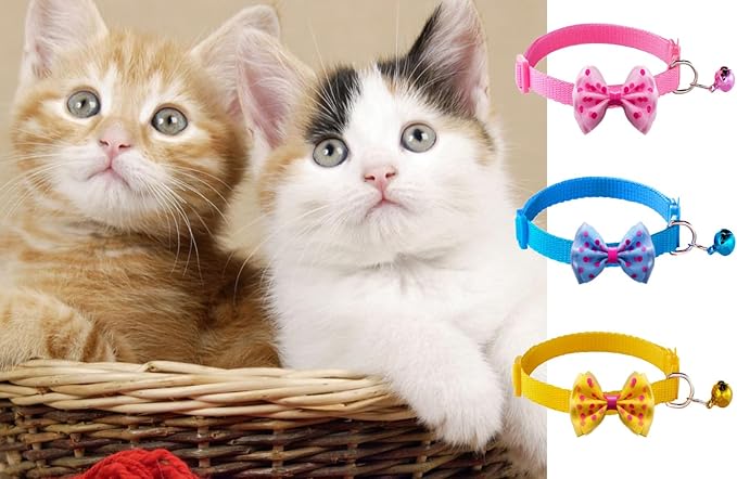 16 PCS Cute Cat Collars with Bells - Breakaway Collars for Girls & Small Kittens - Pink, Bowtie Design - Kitten Supplies