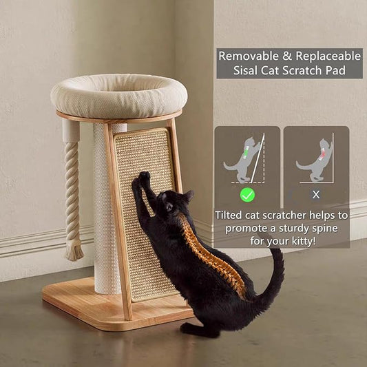 SHENGOCASE Modern Natural Wood Cute Multifunctional Cat Tree Tower Small, Large Sisal Scratching Post, Tilted Angled Ramp Scratcher, Climbing Rope Toy and Cuddle Bed