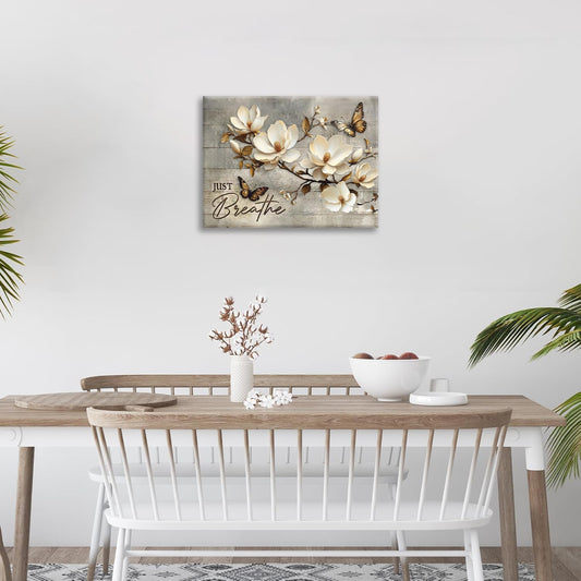 Floral Magnolia Bathroom Pictures Wall Art, Just Breathe Bathroom Wall Decor, Flower Butterfly Framed Painting Canvas Artwork for Bedroom Living Room Decorations 20"L x 16"W