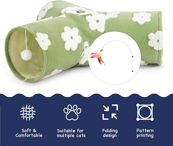 Tempcore Flannel Pet Cat Tunnel Tube Cat Toys 3 Way Collapsible, Cat Tunnels for Indoor Cats,Kitty Tunnel Bored Pet Toys Peek Hole Toy Ball Puppy, Kitty, Kitten, Rabbit Daisy Green
