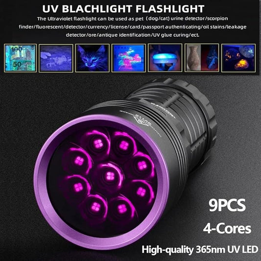 ALONEFIRE SV119 365nm UV Flashlight 90W Powerful Blacklight Digital Display USB C Rechargeable Black Light for Pet Urine Detector, Scorpion, Resin, Bed Bug, Fishing with UV Protective Glasses, Battery