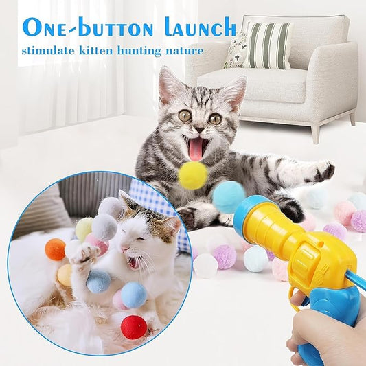 Mewlmart Interactive Cat Toys - Indoor Cat Enrichment with Launchers, Pom Pom & Puff Balls (100 Balls)