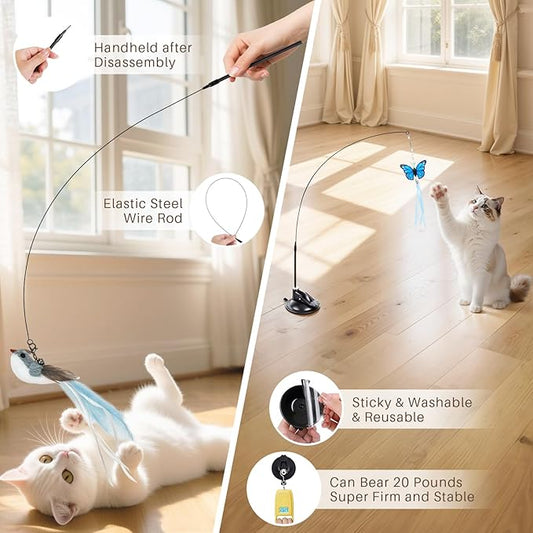 HONGDDY Interactive Bird Simulation Cat Toys,4 in 1 Cat Toys for Indoor Cats, 4 Replacement Birds,Hanging Door Kitten Wand with Suction Cup Removable Feathers Balls Mice Butterfly Streamers