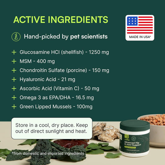 Wuffes Advanced Dog Hip and Joint Supplement with Glucosamine, Chondroitin, Omega 3, MSM, and Green Lipped Mussel, 30 Pork Flavored Chews for Large Dog Breeds