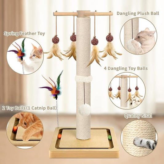 Cat Scratching Post, Sisal, Scratcher Tree Tower for Indoor Cats Adults with Hanging and Ball Track, 2 Mounting Methods Interactive Furniture Toys for Kitten, 25 Inches