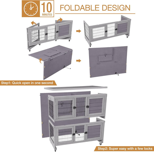 GUTINNEEN Folding Rabbit Hutch Indoor Bunny Cage in No Time Assemble Guinea Pig Cage Rabbit House Movable
