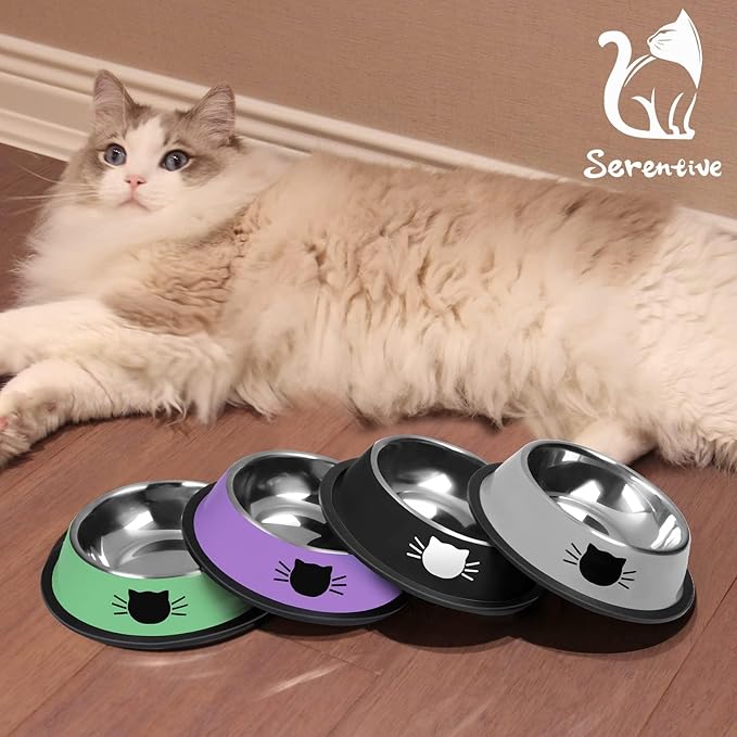 2 Pcs Non-Slip Stainless Steel Small Cat Food Bowls - Unbreakable, 13 Oz, Suitable for Indoor Small Pets - Removable Rubber Base, Easily Clean, Lovely Color