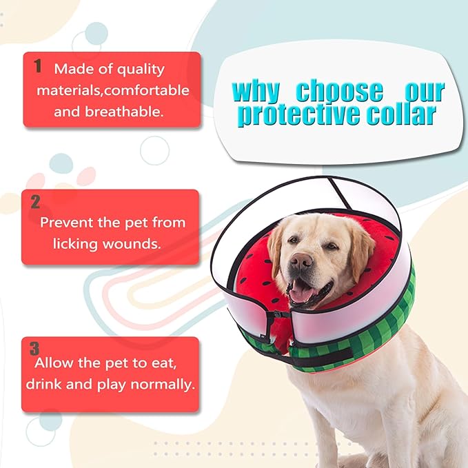 Inflatable Dog Cone Collar with Enhanced Anti-Licking, Soft Neck Donut for Dogs Cats, Recovery Pet Cone Collar After Surgery for Large Medium Small Dogs… (Watermelon, Medium+)