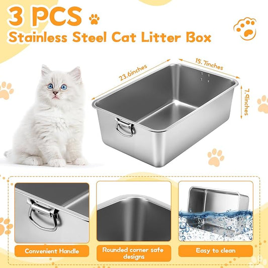 Lallisa 3 Set 201 Stainless Steel Cat Litter Box Set with Handle and Scooper (23.6" x 15.7" x 7.9") Large Nonstick Metal Litter Pan Box for Large Cats Nonstick Never Absorbs Odor