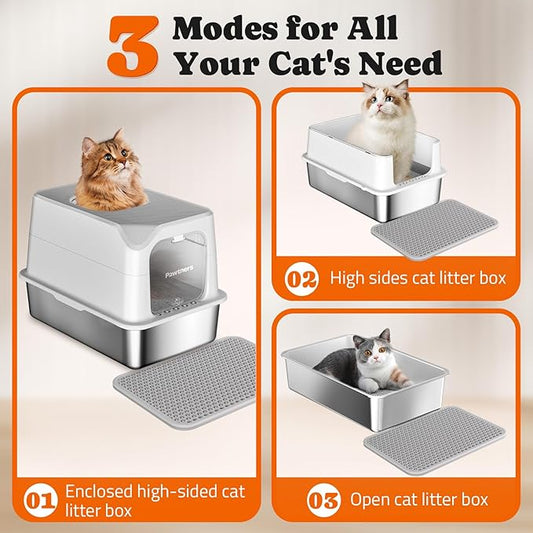 Pawtners Stainless Steel Cat Litter Box, XL Extra Large Kitty Litter Pan, Front Entry Top Exit Enclosed Metal Cat Toilet for Odor Control with Removable Lid & Scoop & Mat, Anti-Leakage, Easy to Clean