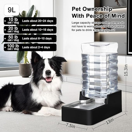 RIZZARI Stainless Steel Pet Water Feeder: 9L Automatic Leak-Proof Gravity Dispenser for Cats Dogs Indoor Outdoor Use(Black Without Filter,9L)