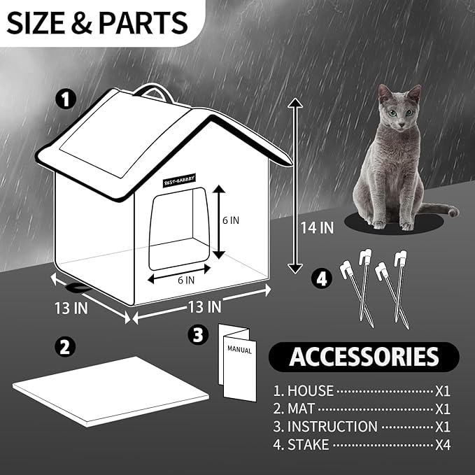 Rest-Eazzzy Cat House for Outdoor Cats, Weatherproof and Insulated Feral Cat House with Mat and Clip, Easy to Put Together, Selfwarming Cat Shelter for Winter, Never Blow Away (Black, House X 2)