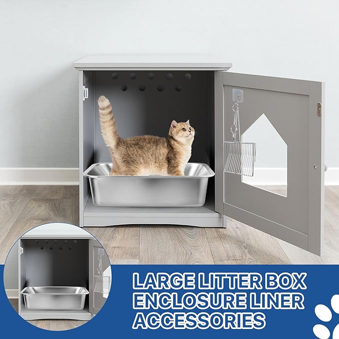 Stainless Steel Cat Litter Box, 16 x 12 x 4 Large Litter Box, Non Stick Kitty Litter Pan with Metal Litter Scoop and Anti Slip Stickers for Kitten, Guinea Pig and Rabbit