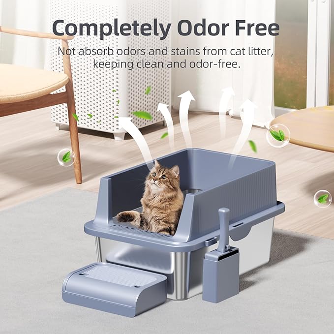 Enclosed Stainless Steel Cat Litter Box with Lid Extra Large Litter Box for Big Cats XL Metal Litter Pan Tray with High Wall Sides Enclosure, Non-Sticky, Anti-Leakage, Easy Cleaning (8 in Dark Grey)