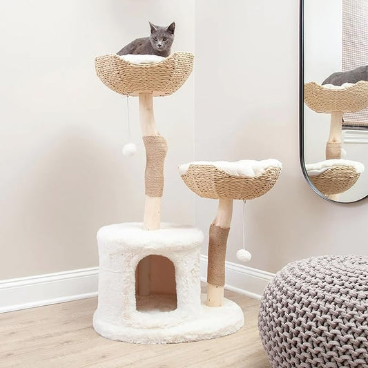 The Bungalow Cat Tree - Luxury Cat Condo, Large Modern Indoor Tower with 2 Faux Fur Beds, Scratching Posts, Toys, and Den for Cats, 23.5-Inch Width x 18-Inch Depth x 43-Inch Height