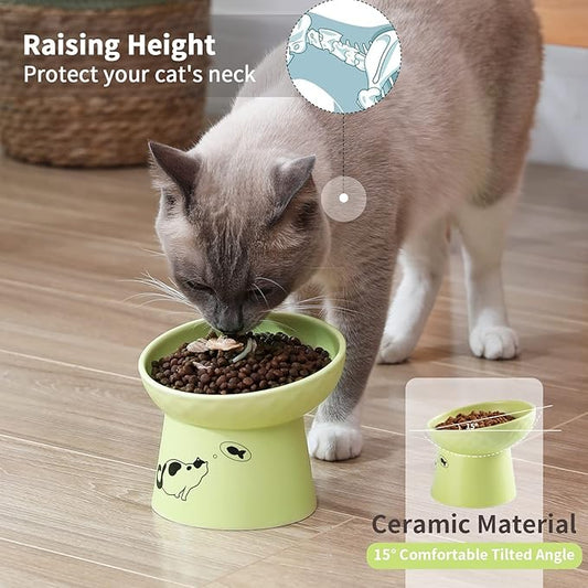 OMAYKEY Ceramic Raised Cat Bowls, Tilted Elevated Cat Food Water Bowl Set, Porcelain Stress Free Pet Feeder Dish for Cats and Small Dogs, Dishwasher and Microwave Safe - White & Fruit Green, Set of 2