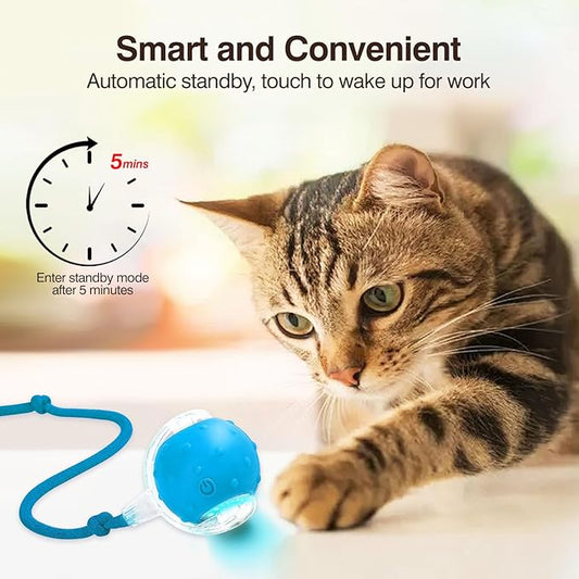 Electric Interactive Cat Toy Ball - Automatic Rolling Silicone Cat Toys for Indoor Cats, Durable Chew-Proof Motorized Kitty Ball with LED Light, Fun Exercise Toys for Bored Kittens(Blue)