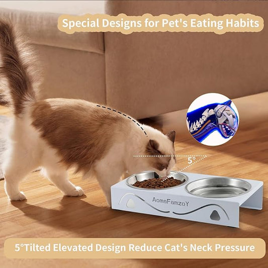 2 Pack Cat Food Bowls - Indoor Set with Metal Stand,5° Tilted Anti Vomiting Wide Raised Pet Dish, Cute Elevated Cat Feeding Station for Food Water, 4 Stainless Steel Bowls for Kitten, Puppy,White