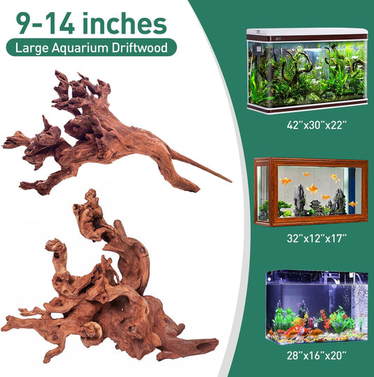 WDEFUN Natural Driftwood for Aquarium Decor, 2-Piece 10''-14'' Large Driftwood for Decorations on Fish Tank, Reptiles Bearded Dragon Accessories or Air Plants