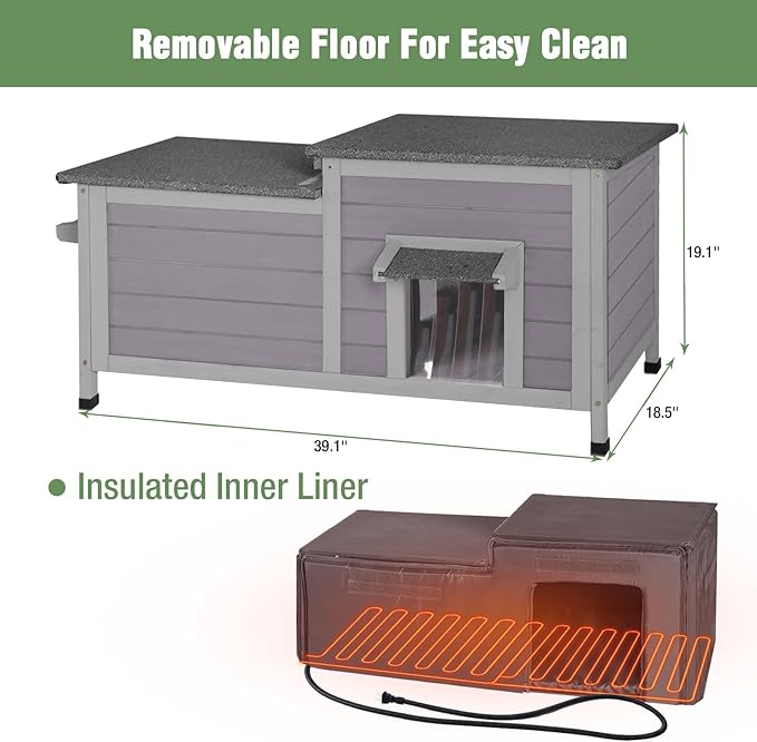 Heated Insulated Cat House Outdoor for Winter, Feral Cat Shelter with Weatherproof Asphalt Roof Outside, Kitty Home to Keep Cats Warm