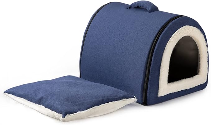 Hollypet Linen Cat Bed, Self-Warming 2 in 1 Foldable Cave House Animal Shape Nest Pet Sleeping Bed, Blue