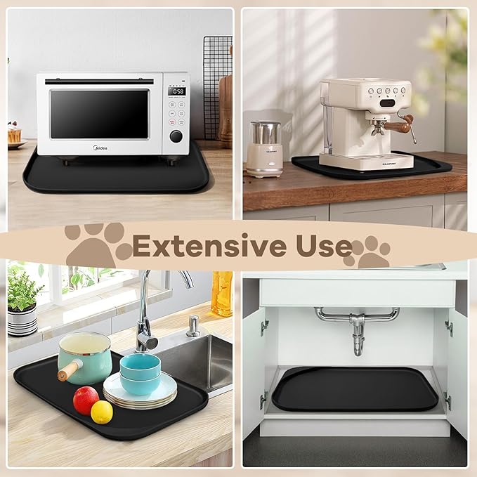 Silicone Pet Feeding Mat with Raised Edge & Residue Collection Pocket for Food and Water, Dog Bowl Mats, Cat Bowls Placemat with High Lip for Floor Waterproof, 19 x 12 x 0.7 Black