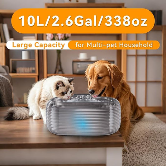 JMICOW 10L/2.6Gal/338oz Dog Water Fountain for Large Dogs, Dog Fountain Water Bowl, Pet Water Fountain with 5 Replacement Filters and 4 Cleaning Brushes (Black)