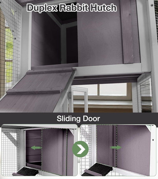 Rabbit Hutch 2-Story Wooden Bunny Cage with 2 Leak-Proof Sliding Trays, Chew-Proof Metal Mesh, Rainproof Cover, Indoor & Outdoor Guinea Pig House with Wheels - Grey