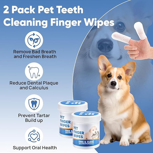 Pet Dental Finger Wipes for Dogs & Cats, 120 Count Dog Teeth Cleaning Dental Finger Wipes No-Rinse Cat & Dog Tooth Brushing Kit, Remove Plaque and Tartar & Freshens Breath (60 Count x2)