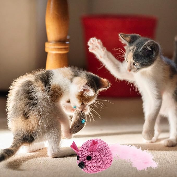 LOGOFUN Cat Toy Knitted Mouse Kitten Toy with Feather Plush Mouse Shaped Pet Interactive Accessory for Indoor Home Animal Supplies - Pink